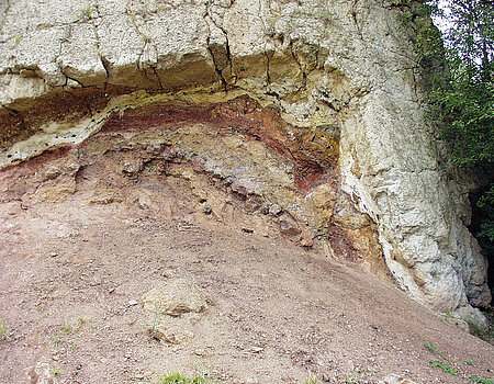 Suevite a contatto con brecce colorate nella cava di Aumühle, vicino a Oettingen